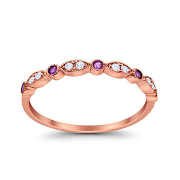 Half Eternity Wedding Band Round Rose Tone, Simulated Ruby CZ 925 Sterling Silver